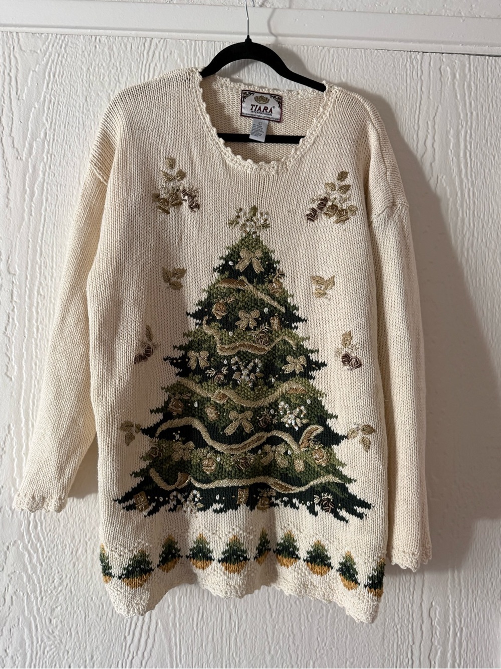 Tiara Cream Sweater with Green and Gold Embroidered Christmas Tree
